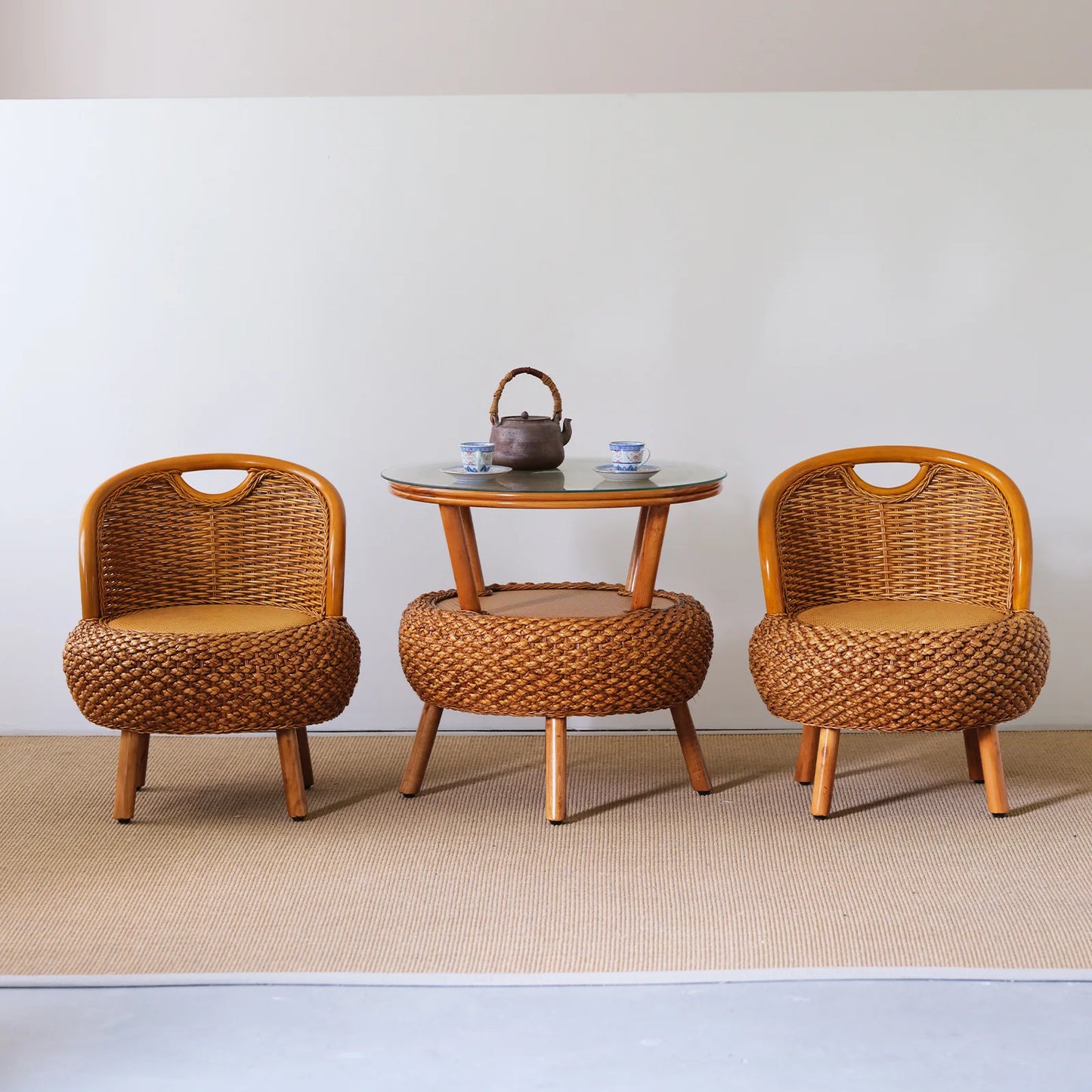 Balcony Small Low Rattan Chair Three Piece Set, Simple Rattan Woven Backrest Chair