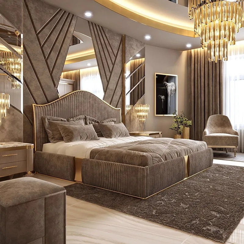 Unique Minimalist Double Bed Decoration Brown Pliable Wooden Double Bed