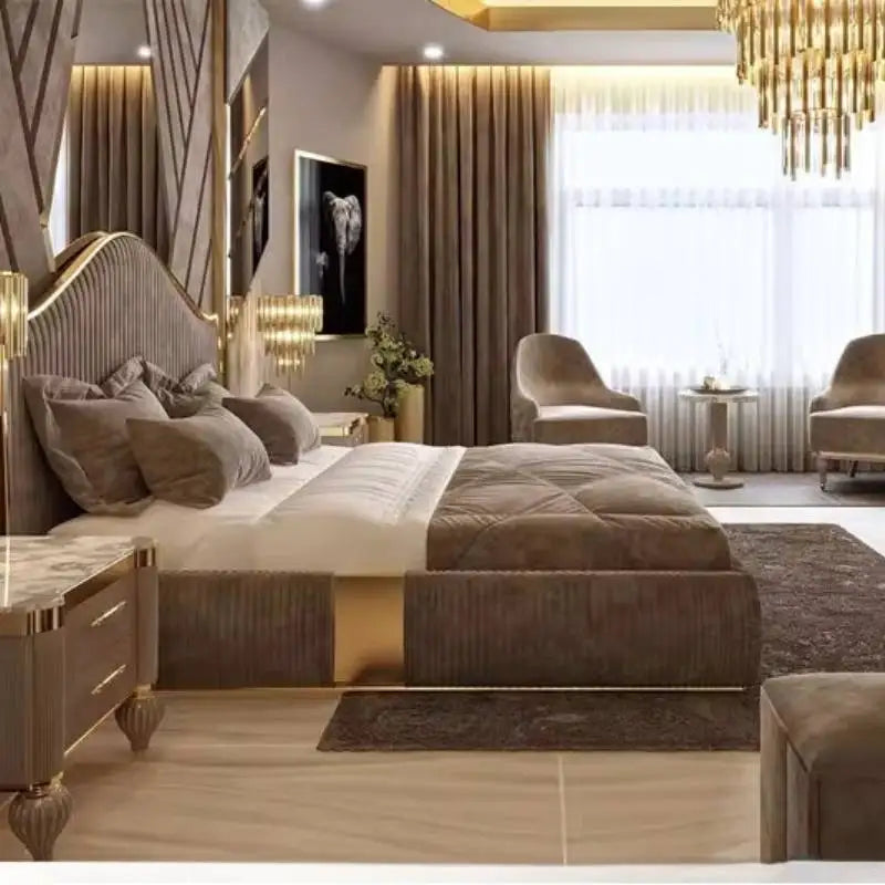 Unique Minimalist Double Bed Decoration Brown Pliable Wooden Double Bed