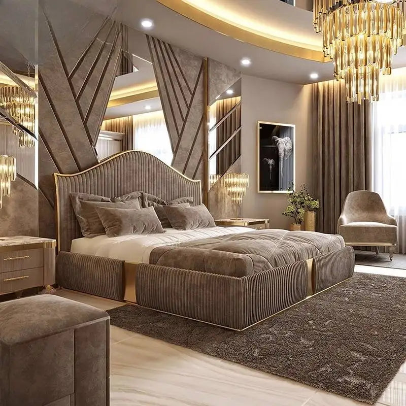 Unique Minimalist Double Bed Decoration Brown Pliable Wooden Double Bed