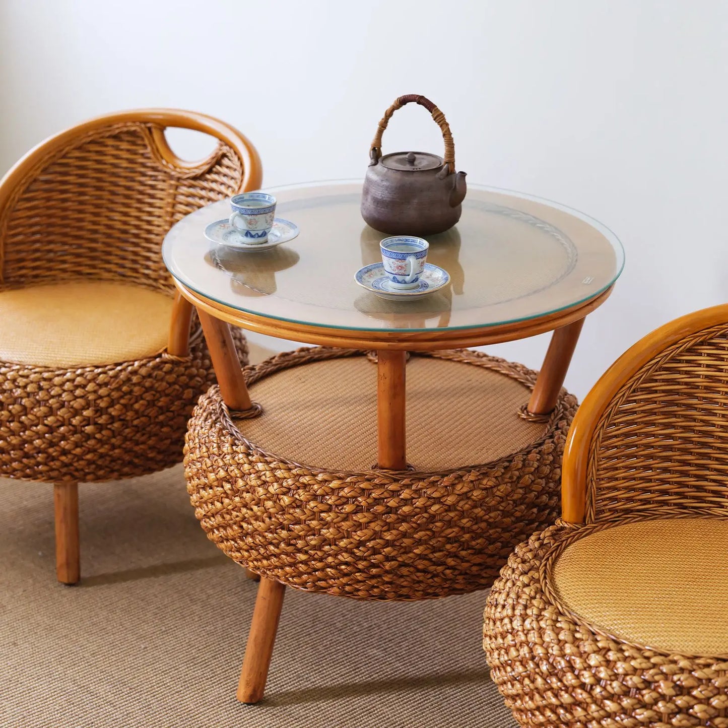 Balcony Small Low Rattan Chair Three Piece Set, Simple Rattan Woven Backrest Chair