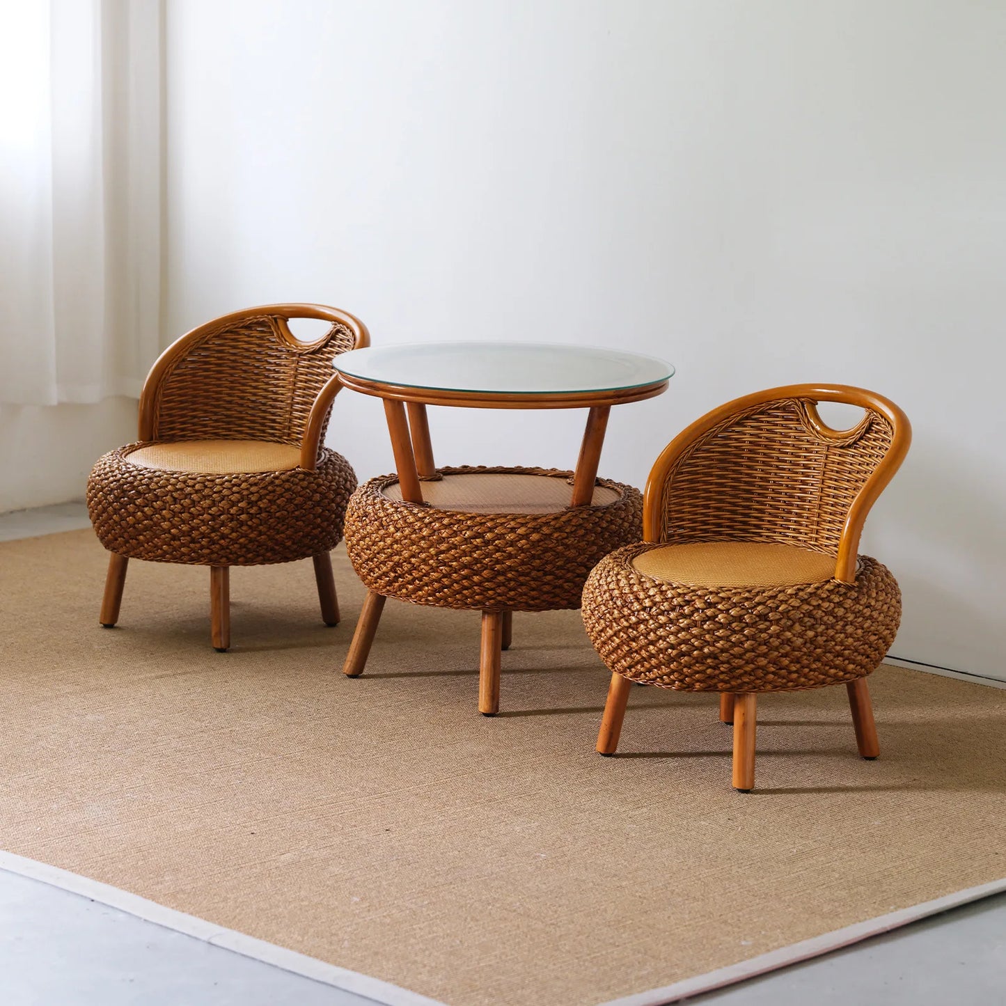 Balcony Small Low Rattan Chair Three Piece Set, Simple Rattan Woven Backrest Chair