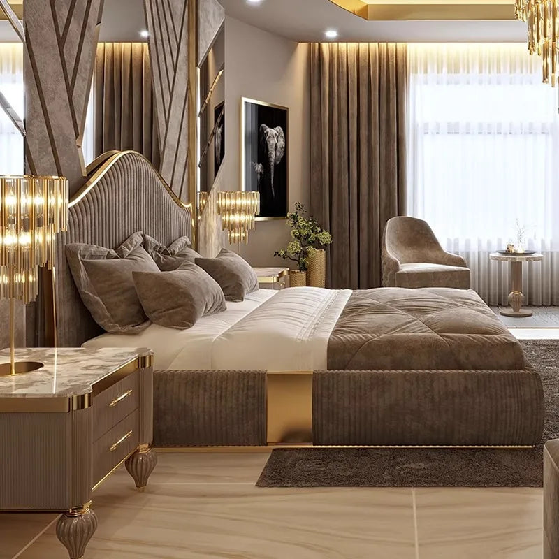 Unique Minimalist Double Bed Decoration Brown Pliable Wooden Double Bed