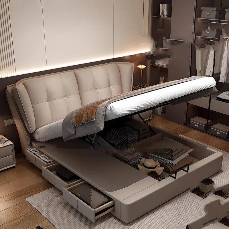 Modern Minimalist Bed Leather Double Bedroom Storage Bed Aesthetic Unique
