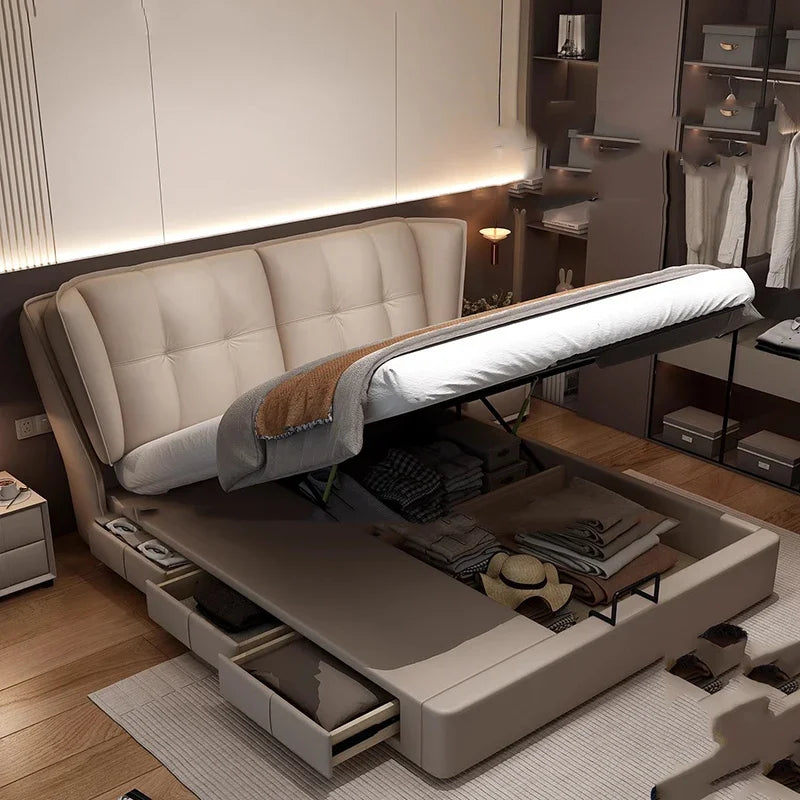 Modern Minimalist Bed Leather Double Bedroom Storage Bed Aesthetic Unique