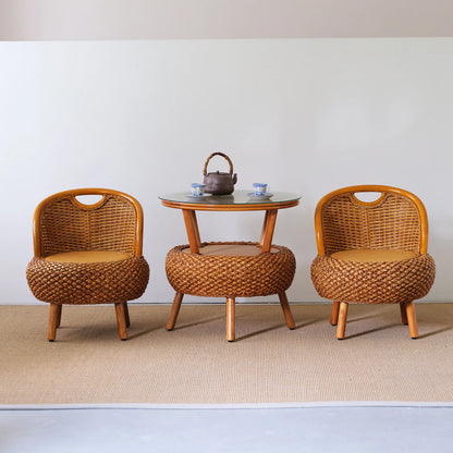 Balcony Small Low Rattan Chair Three Piece Set, Simple Rattan Woven Backrest Chair