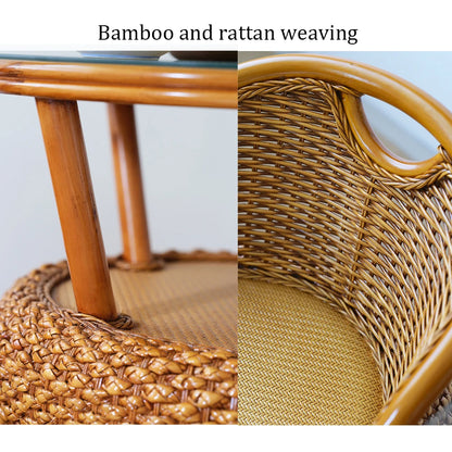 Balcony Small Low Rattan Chair Three Piece Set, Simple Rattan Woven Backrest Chair