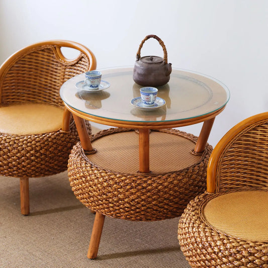 Balcony Small Low Rattan Chair Three Piece Set, Simple Rattan Woven Backrest Chair