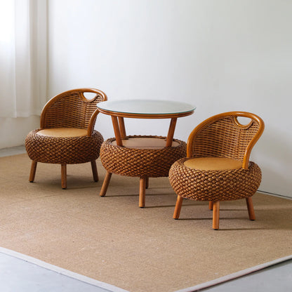 Balcony Small Low Rattan Chair Three Piece Set, Simple Rattan Woven Backrest Chair
